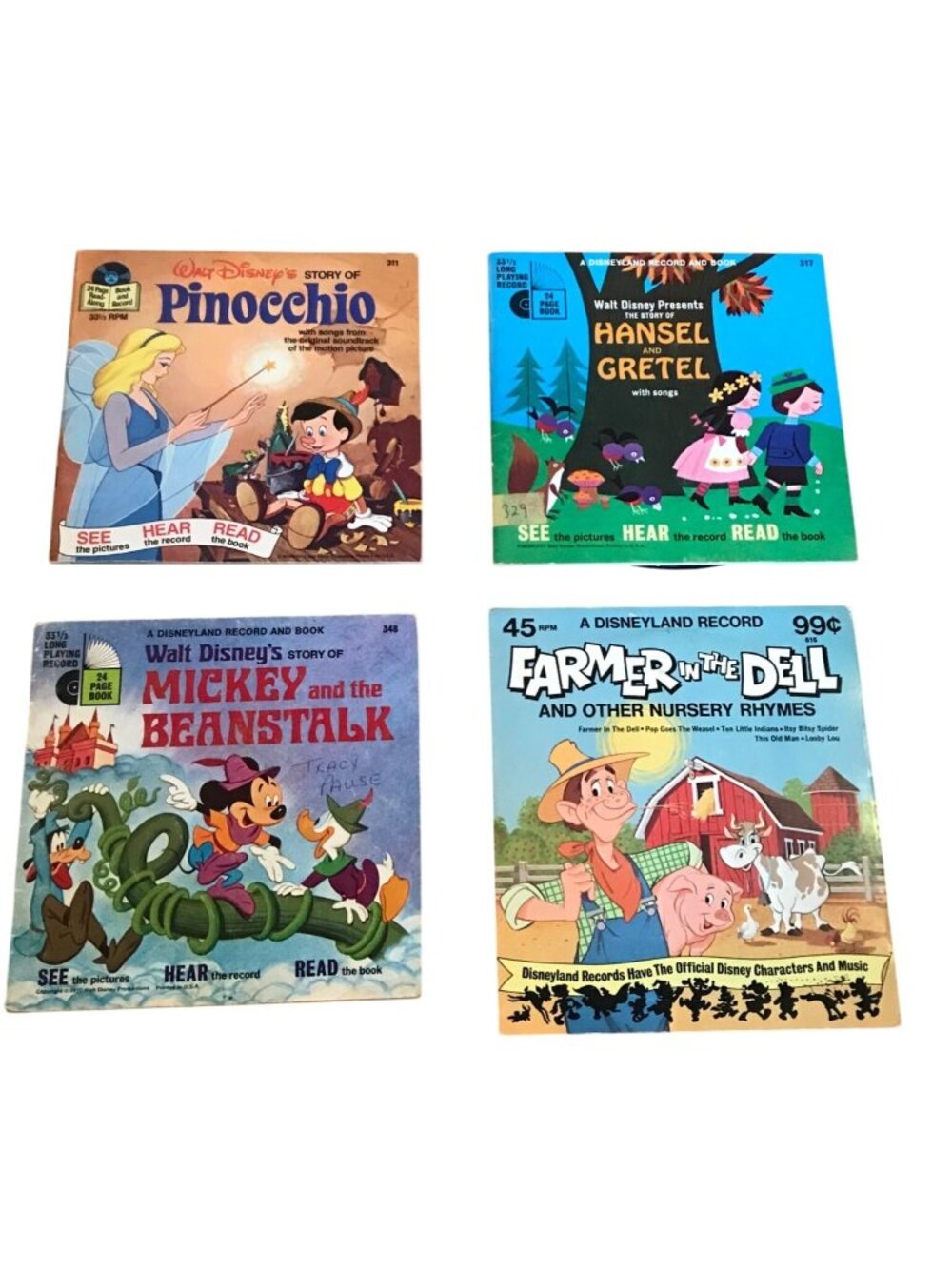 Disneyland Vinyl Records W/ Books Pinocchio Hanzel Gretel Beanstock Farmer Dell